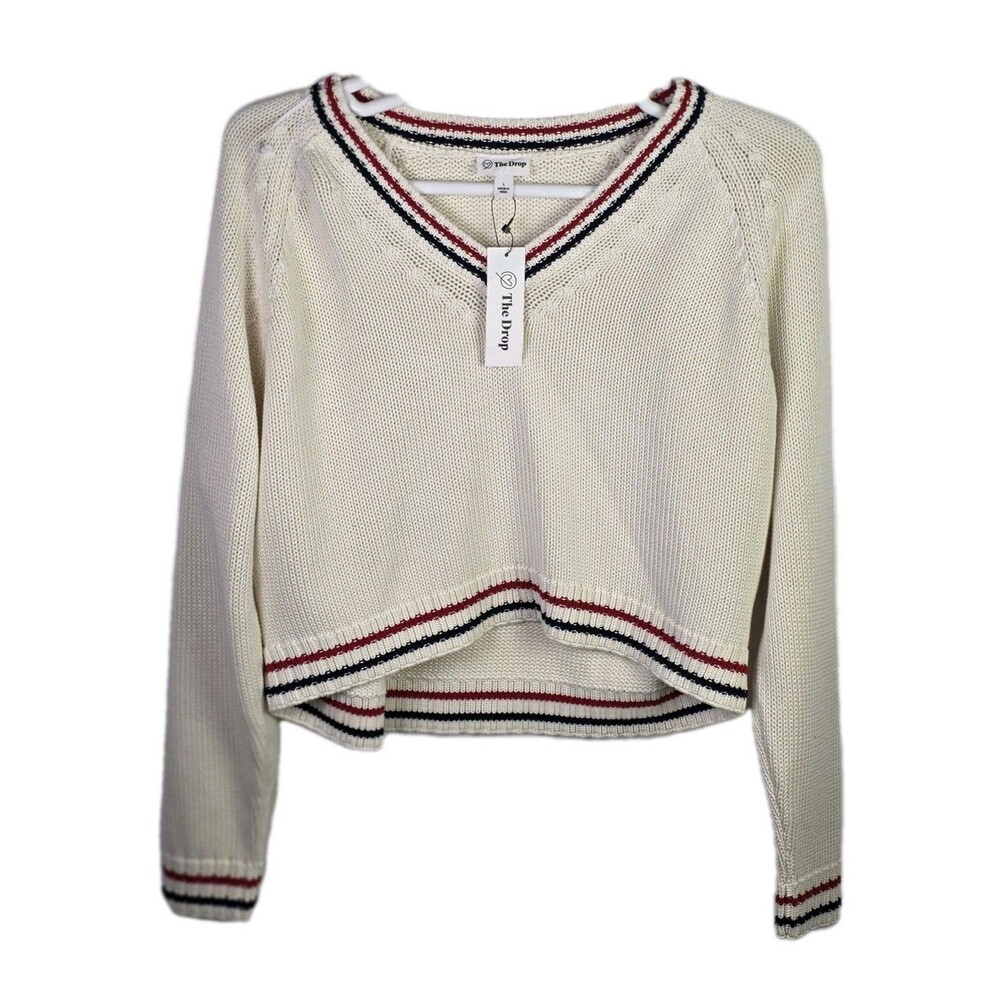 NWT The Drop Women's Large White W/ Red  V-Neck Sweater